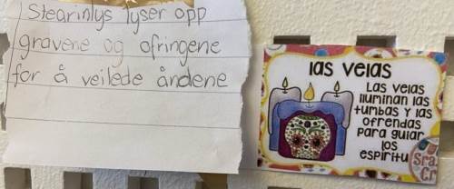 Lapper med informasjon om typiske elementer fra feiringen i Mexico pryder nå hele veggen.